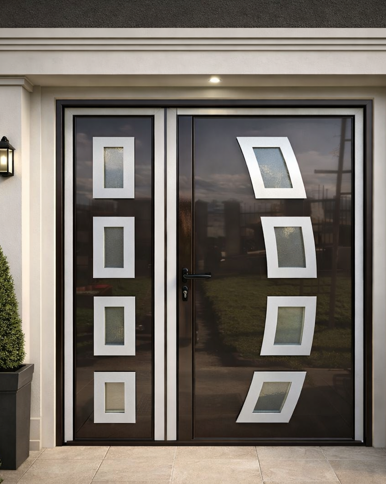 Dvokrilna PVC ulazna vrata sa dekorativnim staklenim panelima postavljena na modernoj fasadi sa zidnim lampama i dekorativnim žardinjerama