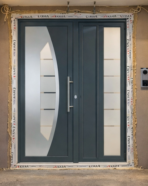 Ulazna ALU vrata sa bočnim staklenim panelom u fazi pripreme za montažu, vidljiva zaštitna traka i montažni materijal ispred objekta