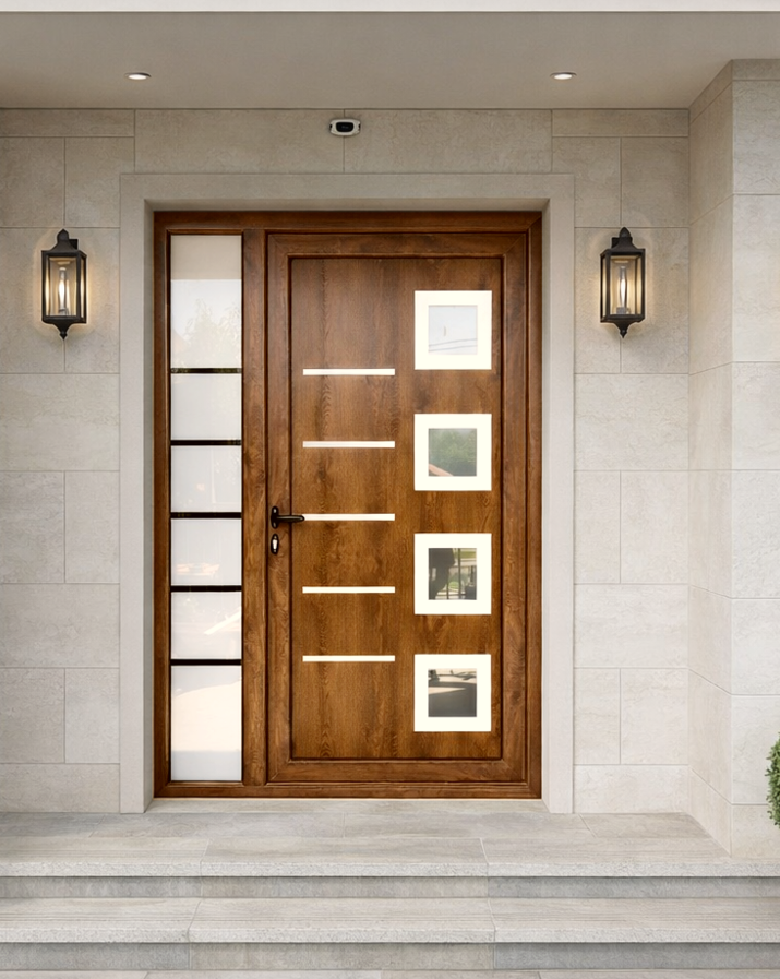 Moderna ulazna vrata u drvo dekoru sa bočnim staklenim panelom postavljena na savremenoj fasadi