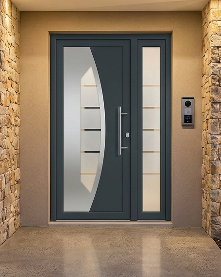 Moderna aluminijumska ulazna vrata sa bočnim staklenim polupanelom postavljena na savremenoj kamenoj fasadi sa ambijentalnim osvetljenjem