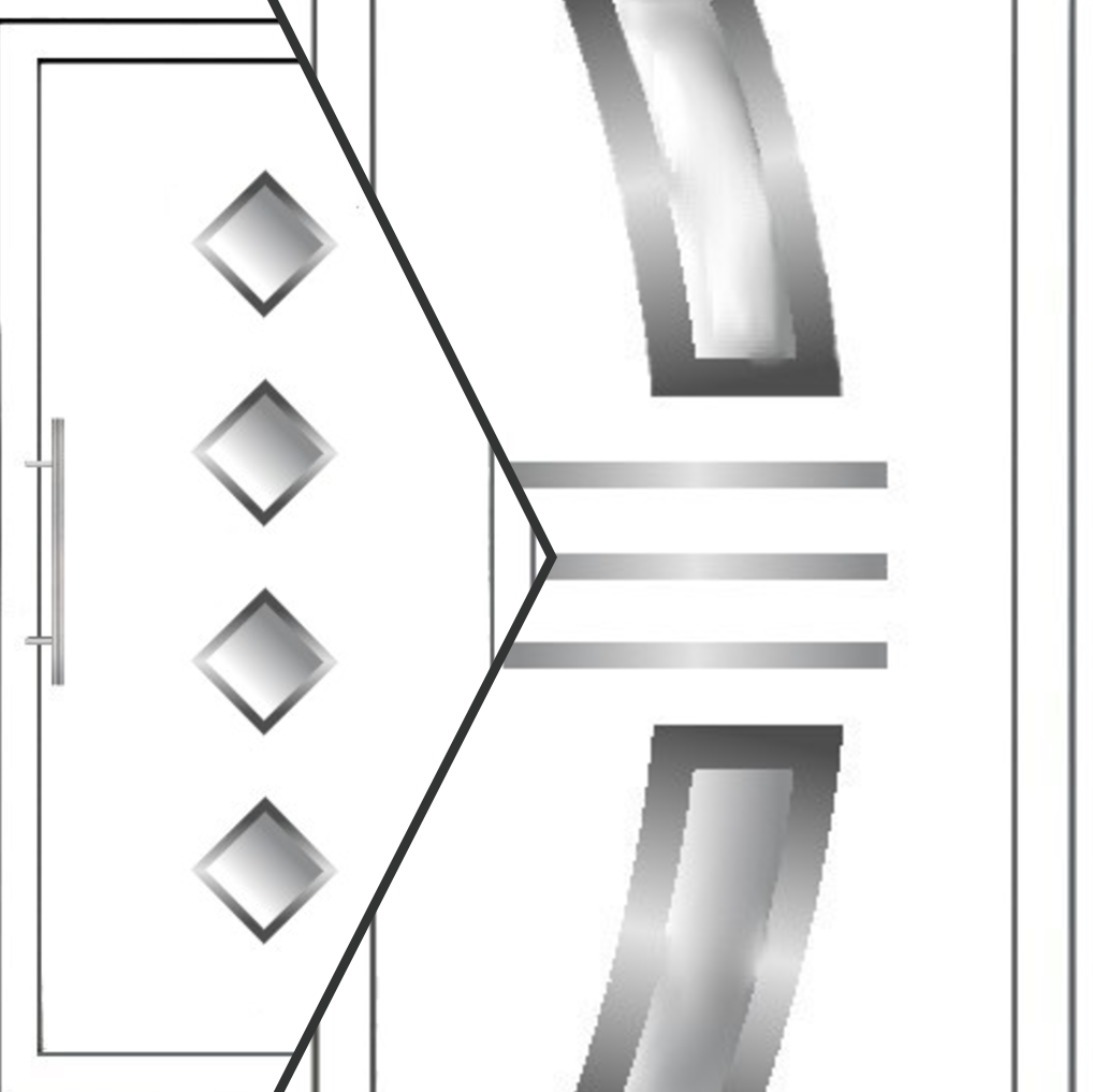 Ulazna vrata sa romboidnim staklima i dekorativnim panelima. Kolaž dva modela belih vrata: levo su vrata sa četiri staklena otvora u obliku romba poređana vertikalno, a desno je detalj vrata sa zakrivljenim staklenim panelima i tri horizontalne dekorativne linije u sredini.