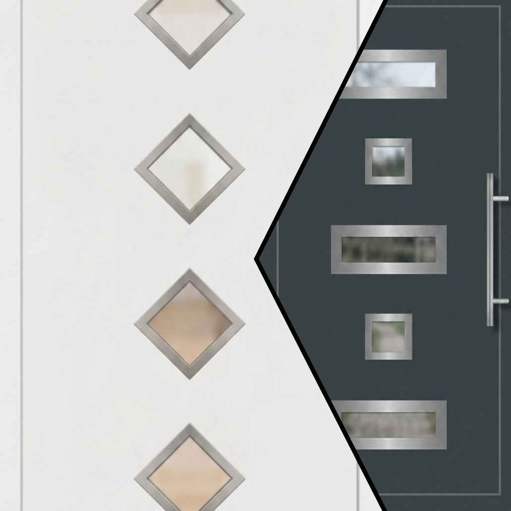 Paneli Marković – Moderni modeli ulaznih vrata sa dekorativnim staklom Kolaž Paneli Marković ulaznih vrata koji prikazuje beli model sa romboidnim staklima i antracit sivi model sa pravougaonim i kvadratnim staklenim otvorima u inox okvirima.