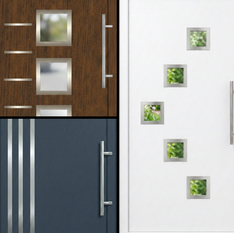 Paneli Marković – Različiti dizajni ulaznih vrata sa inox i staklenim detaljima Kolaž tri modela Paneli Marković ulaznih vrata: orah sa kvadratnim staklima, antracit sa vertikalnim inox linijama i bela vrata sa asimetričnim staklenim otvorima.