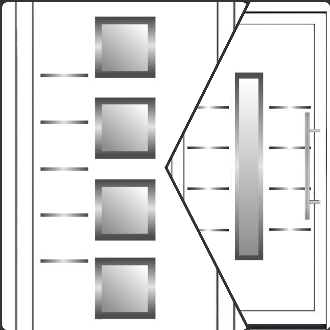 Izbor savremenih ulaznih vrata – detalji stakla i inox aplikacija. Kolaž dva modela modernih belih ulaznih vrata sa inox aplikacijama i staklenim panelima. Levo su vrata sa četiri kvadratna prozora, desno vrata sa duguljastim vertikalnim staklom i rukohvatom.