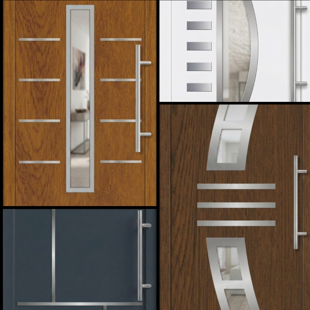 Paneli Marković – Ponuda vrhunskih dekorativnih panela za ulazna vrata Kolaž modernih Paneli Marković ulaznih vrata u različitim dezenima (zlatni hrast, orah, antracit i bela) sa dekorativnim staklima i inox aplikacijama.