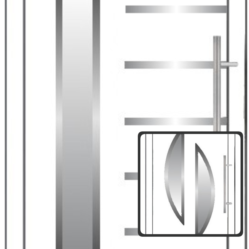 Različiti stilovi zastakljivanja i dekorativnih elemenata na savremenim ulaznim vratima. Kolaž dva modela belih ulaznih vrata. Donji deo prikazuje vrata sa polukružnim staklenim aplikacijama, dok gornji uokvireni detalj prikazuje vrata sa vertikalnim staklom, horizontalnim inox aplikacijama i prohromskim rukohvatom.