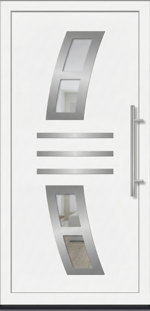 Bela dekorativna ulazna vrata sa četiri staklena polja raspoređena u luk, razdvojena horizontalnim stilskim linijama na sredini.