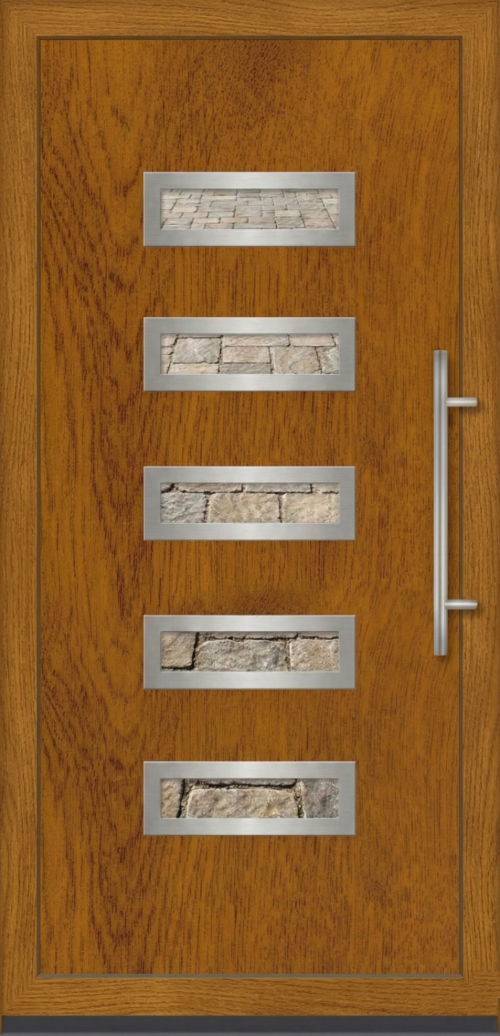 Ulazna vrata PM 025 u dezenu zlatni hrast sa pet pravougaonih staklenih panela i modernom horizontalnom metalnom ručkom