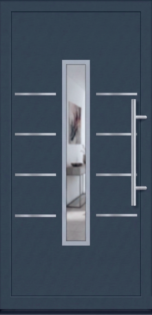 Model ulaznih vrata PM 015 u dezenu zlatni hrast sa vertikalnim staklenim panelom i inox dekorativnim linijama