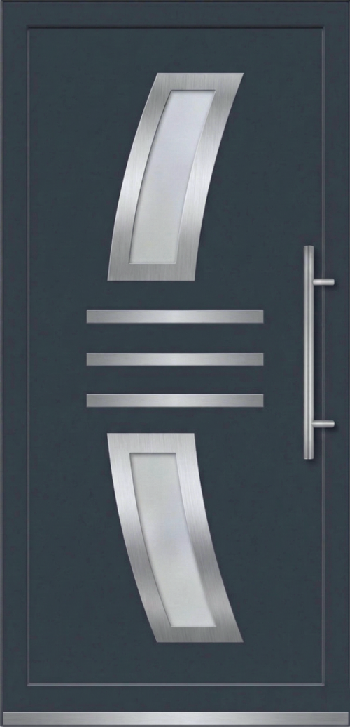 Model ulaznih vrata PM 020 u dezenu antracit sa zakrivljenim staklenim panelima i horizontalnim inox linijama