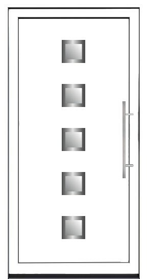 Moderna bela aluminijumska ulazna vrata sa pet kvadratnih staklenih otvora i dugačkom metalnom ručkom.