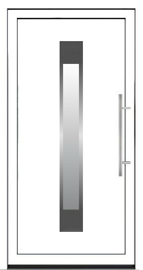 Moderna bela ulazna vrata sa centralnim vertikalnim staklom i dugačkom metalnom ručkom.