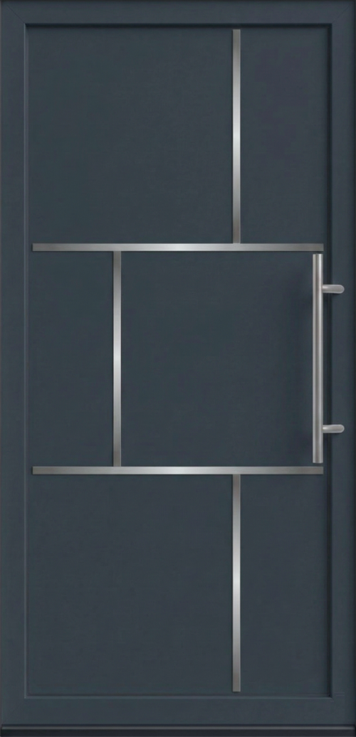 Ulazna vrata PM 032 antracit sa asimetričnim inox lajsnama i rukohvatom.