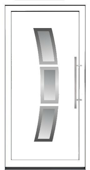 Bela panelna vrata sa tri segmentirana peskirana stakla i dugačkom inox ručkom.