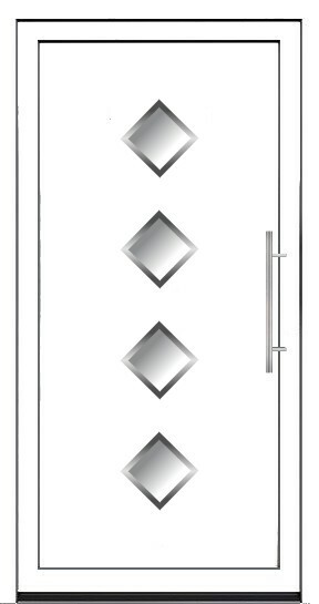 Moderna bela ulazna vrata sa četiri dekorativna polja u obliku romba i metalnim rukohvatom.