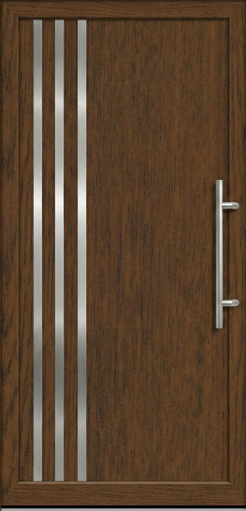 Ulazna vrata model PM 005 u dezenu tamni orah sa tri vertikalne dekorativne inoks trake i inoks rukohvatom.