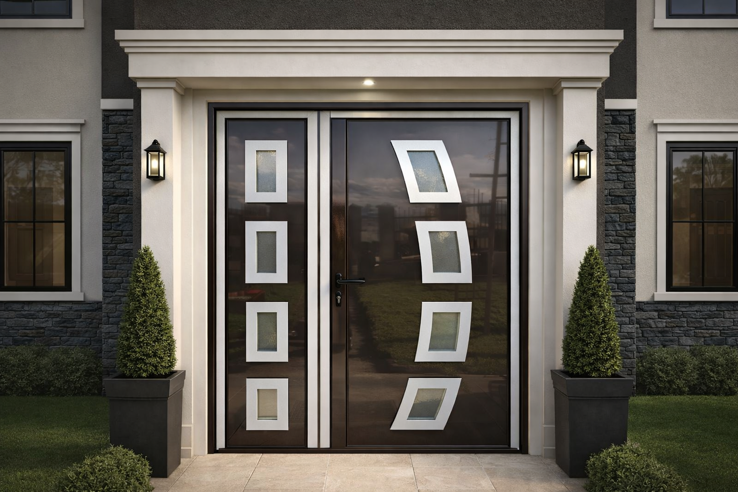 Premium model modernih ulaznih vrata sa staklenim detaljima – luksuzan i elegantan ulaz u dom Elegantna ulazna vrata moderne kuće u tamno braon boji sa dekorativnim staklenim panelima i belim ramom, okružena kamenom fasadom i minimalističkim osvetljenjem.
