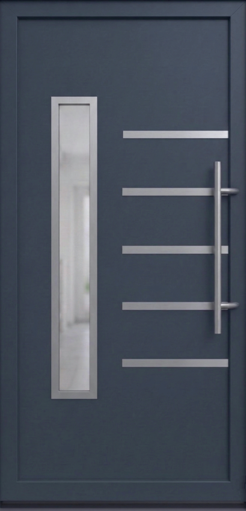 Model ulaznih vrata PM 016 u dezenu antracit sa vertikalnim staklenim panelom i horizontalnim inox dekorativnim lajsnama