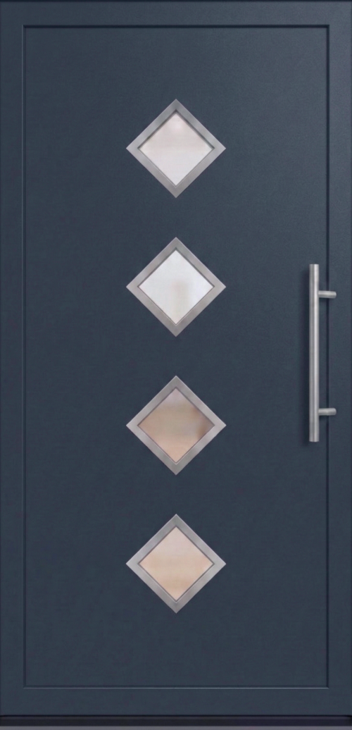 Ulazna vrata PM 012 u dezenu antracit sa četiri dijagonalna staklena panela i modernom metalnom ručkom