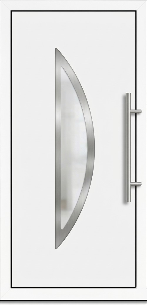 Moderna bela ulazna vrata PM 023 sa jednim velikim centralnim lučnim staklom i inox rukohvatom.