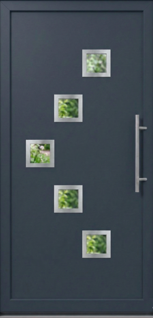 Moderna ulazna vrata model PM 011 u antracit boji sa pet kvadratnih stakala i dugačkim inox rukohvatom.