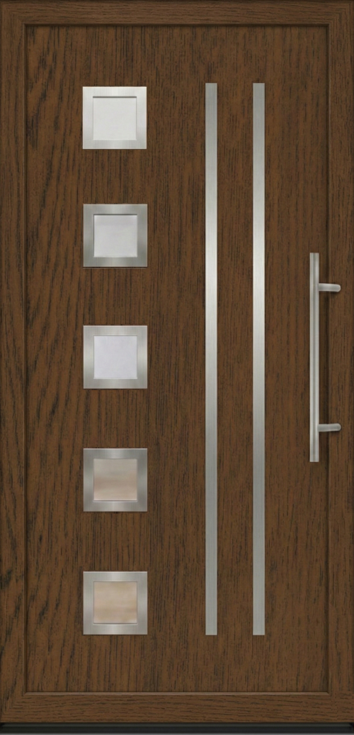 Ulazna vrata model PM 009 u dezenu tamni orah sa pet kvadratnih stakala, dve vertikalne inoks trake i modernim rukohvatom.