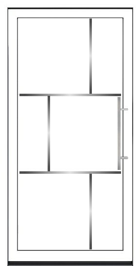 Savremena bela ulazna vrata PM 028 sa geometrijskom podelom inox aplikacijama na velike panele i dugim rukohvatom.