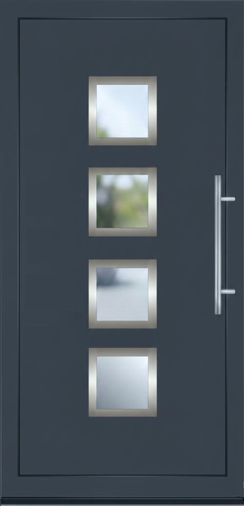 Ulazna vrata PM 002 u antracit sivoj boji sa četiri kvadratna stakla i inoks rukohvatom.