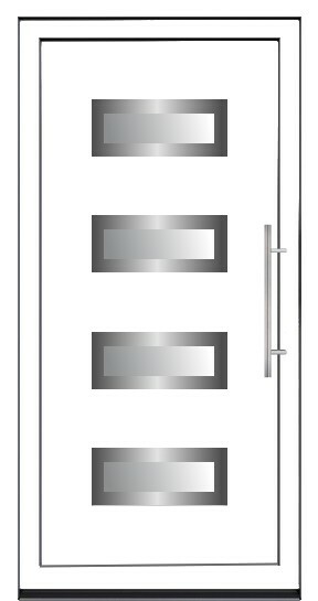 Moderna bela ulazna vrata sa četiri horizontalna staklena otvora i dugačkom metalnom ručkom.