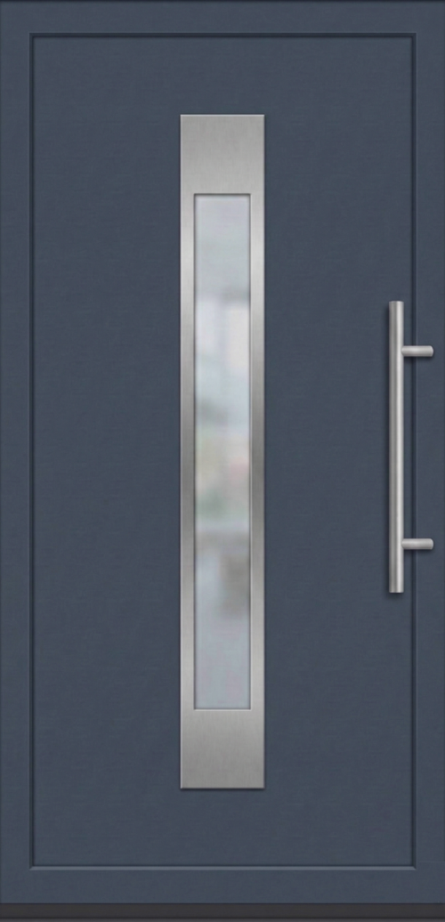 Ulazna vrata model PM 014 u antracit sivoj boji sa jednim dugim vertikalnim staklom uokvirenim širokim inoks ramom i modernim rukohvatom.