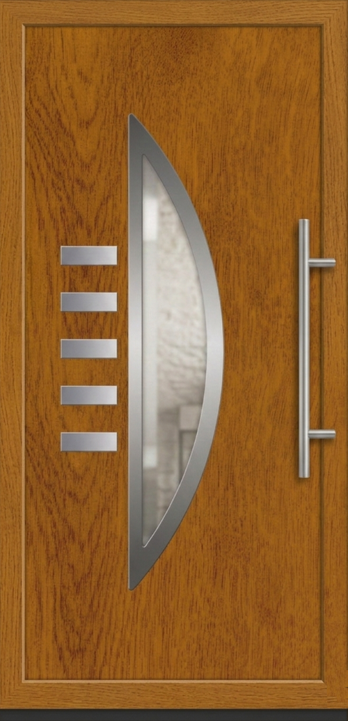 Model ulaznih vrata PM 024 u dezenu zlatni hrast sa polukružnim staklenim panelom i inox dekorativnim lajsnama