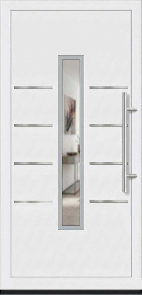 Ulazna vrata model PM 015 u beloj boji sa centralnim vertikalnim staklom i osam kratkih horizontalnih dekorativnih inox aplikacija raspoređenih sa obe strane, sa dugom inox ručkom desno.