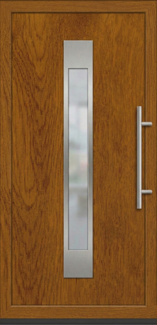 Ulazna vrata PM 014 u dezenu zlatni hrast sa centralnim vertikalnim staklenim panelom i modernom horizontalnom metalnom ručkom