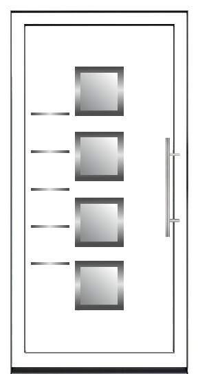 Moderna bela ulazna vrata sa četiri kvadratna staklena panela i dugačkom metalnom ručkom.