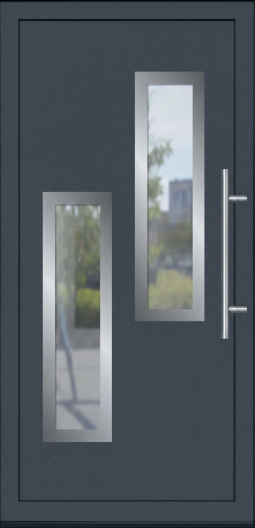 Model ulaznih vrata PM 003 u dezenu antracit sa dva vertikalna staklena panela i inox ručkom
