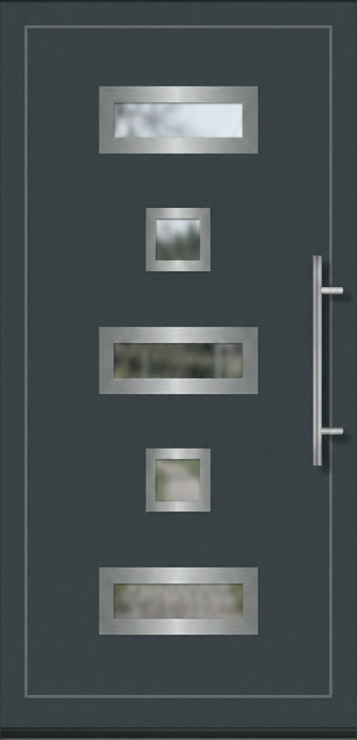 Ulazna vrata PM 008 u dezenu antracit sa pet vertikalno raspoređenih staklenih panela i modernom metalnom ručkom