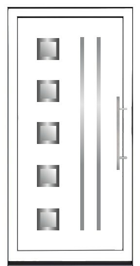 Bela ulazna vrata sa pet kvadratnih prozora i dve vertikalne ukrasne linije pored inox ručke.