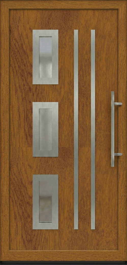 Model ulaznih vrata PM 006 u dezenu zlatni hrast sa tri dekorativna staklena panela i inox detaljima