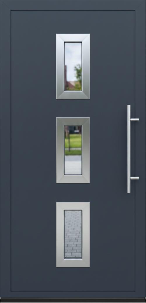 Ulazna vrata PM 004 u dezenu antracit sa tri vertikalna staklena panela i modernom metalnom ručkom