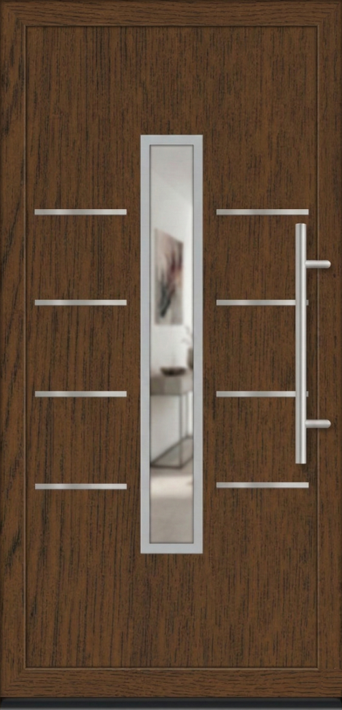 Ulazna vrata model PM 015 u dezenu tamni orah sa pet horizontalnih inoks traka i dugim vertikalnim rukohvatom.