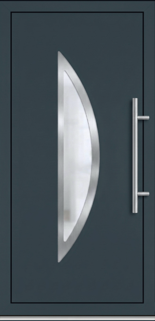 Model ulaznih vrata PM 023 u dezenu antracit sa velikim polukružnim staklenim panelom i inox aplikacijom