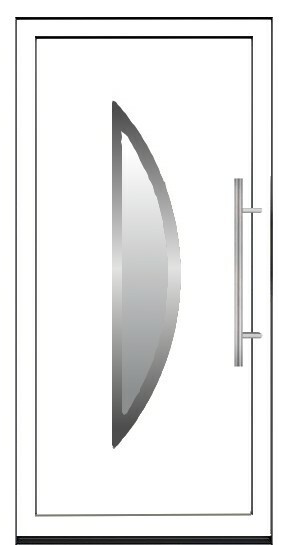 Bela ulazna vrata sa velikim staklenim otvorom u obliku polumeseca i dugačkom inox ručkom.