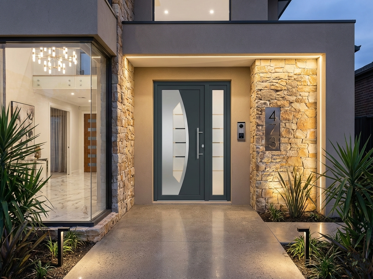 Premium dizajn modernog ulaza sa kamenom fasadom i ambijentalnim osvetljenjem. Moderan ulaz u luksuznu kuću sa vratima u antracit dezenu, koja imaju zakrivljeni stakleni panel i bočno svetlo, okružen kamenom fasadom i LED rasvetom u sumrak.