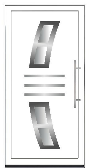 Bela dekorativna ulazna vrata sa četiri staklena polja raspoređena u luk, razdvojena horizontalnim stilskim linijama na sredini.