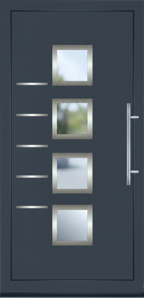 Moderna ulazna vrata u dezenu antracita sa četiri kvadratna staklena panela i dugačkom metalnom ručkom.