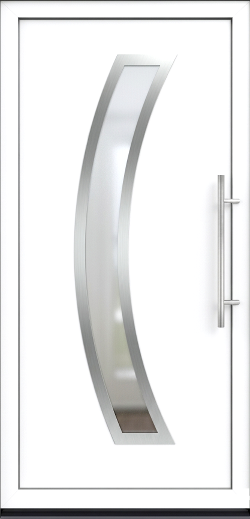 Ulazna vrata model PM 021 u beloj boji sa širokim zakrivljenim vertikalnim staklom u sredini i dugom inox ručkom sa desne strane.