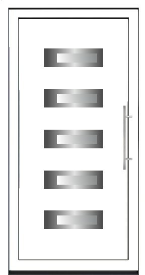 Bela ulazna vrata sa pet pravougaonih staklenih ili dekorativnih polja u nizu i inox ručkom.