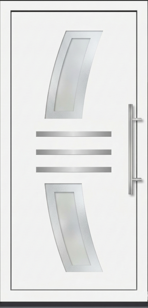 Bela ulazna vrata sa dva dugačka zakrivljena staklena panela (gornji i donji) i tri horizontalne linije u centralnom delu.