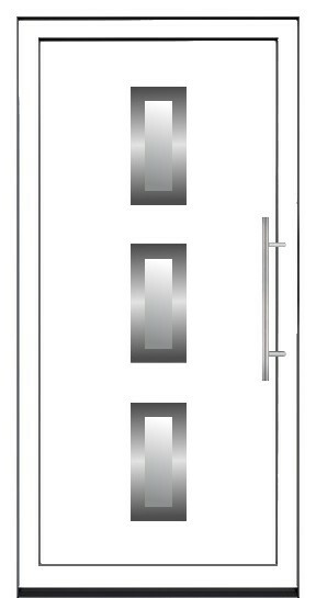 Bela moderna ulazna vrata sa tri vertikalna pravougaona stakla i metalnim rukohvatom.