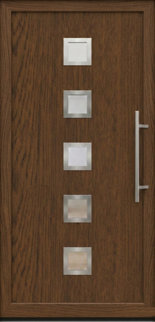 Model ulaznih vrata PM 010 u dezenu orah sa pet kvadratnih staklenih panela i inox ručkom